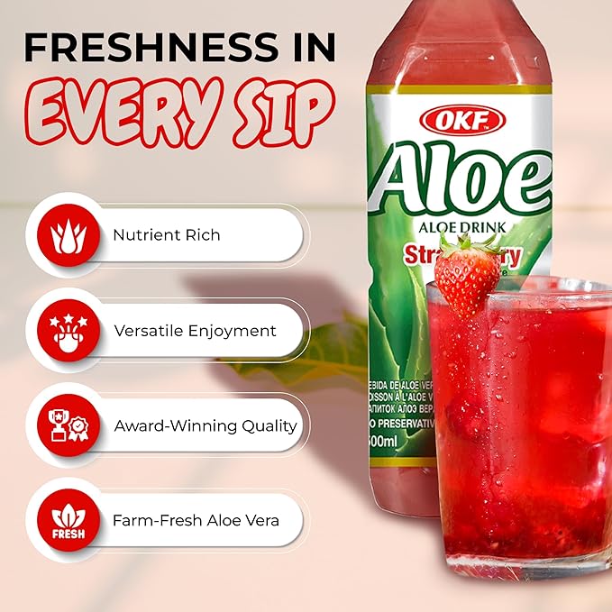 OKF Aloe Vera Drink Juice with Pure Aloe Pulp Variety 16.9 oz. (Strawberry Pack of 20) Plant Based Drink Korean drinks