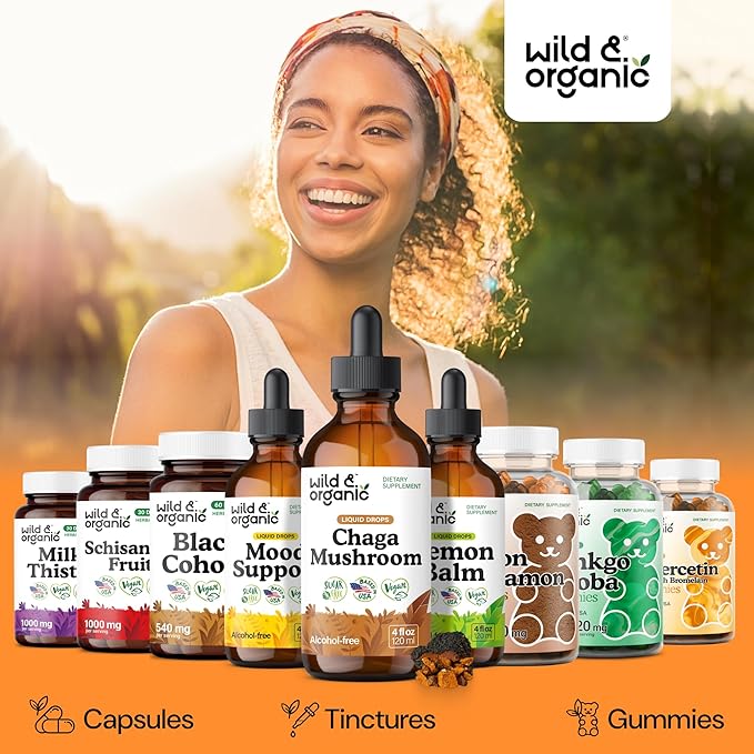 Wild &amp Organic Chaga Mushroom Drops - Immune Support with Chaga Extract - Liquid Mushroom Supplement for Immunity - Vegan Sugar &amp Alcohol-Free Tincture - 4 fl oz