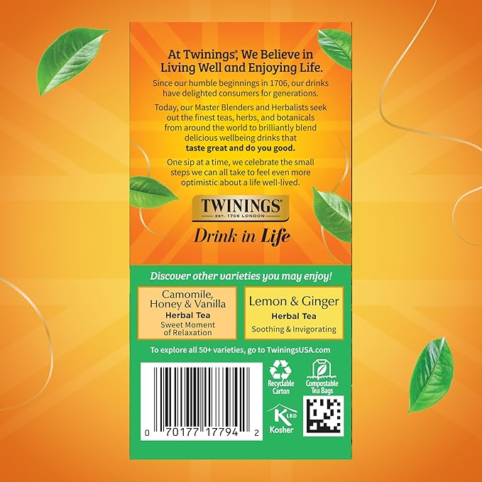 Twinings Decaffeinated Green Tea Individually Wrapped Bags 20 Count (Pack of 6) Smooth Flavour Enticing Aroma Enjoy Hot or Iced 120 Teabags