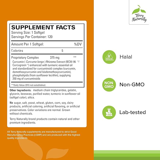 Terry Naturally CuraMed 375mg - Antioxidant Supplement for Brain &amp Immune Health Support - Dietary Supplement with Curcumin &amp Turmeric Essential Oil - Herbal Liver Support - 120 Softgels