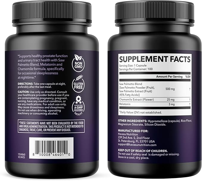 Saw Palmetto PM for Men with Melatonin 3mg - Night Time Prostate Health Supplement for Bladder and Sleep Support - Reduce Urinary Frequency - 100 Count - Vegan Non-GMO Capsules - Over 3 Month Supply