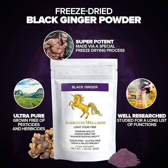 Addictive Wellness Thai Black Ginger for Men Thai Ginger Supplement to Support Energy Metabolism Endurance &amp Performance Freeze Dried Black Ginger Powder 50 Grams (1.76 Ounce) Vegan &amp Pal
