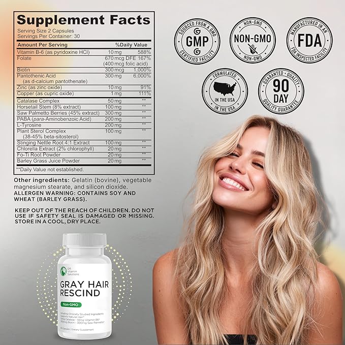 Gray Hair Rescind with Catalase - Antiaging Hair Skin and Nails Vitamins Pantothenic Acid Folic Acid 400mcg Biotin 300mcg Saw Palmetto for Men and Women