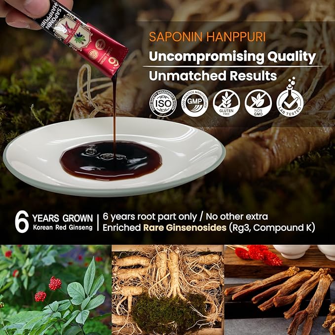 Saponin Hanppuri Everyday Korean Red Panax Ginseng Extract Stick - 3000mg High Potency Liquid Supplement - Caffeine Free Energy &amp Immune Support - 30 Packets
