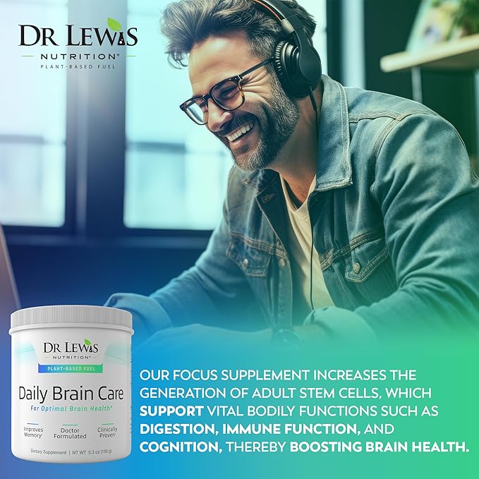 Brain Supplements for Memory and Focus – Dr Lewis Daily Brain Care Powder with Aloe Vera – Plant-Based Nootropic and Energy Supplement for Brain Fog Mental Clarity and Immune Support – Powder 150g