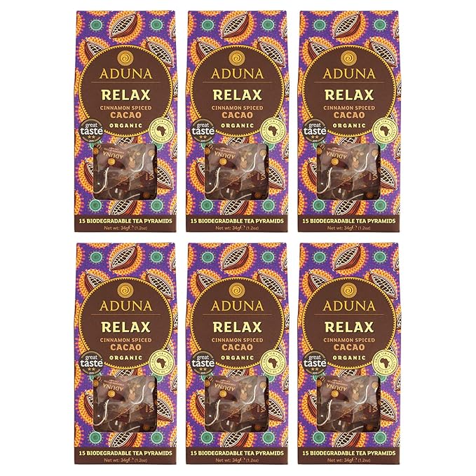 Aduna Organic Relax Cacao Super Tea | Natural Caffeine-Free Herbal Infusion With Cinnamon Cardamom &amp High-Flavanol Cacao | Superfood Tea for Heart Support | 15 Biodegradable Pyramid Bags x 6 Pack