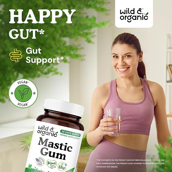 Wild &amp Organic Mastic Gum Capsules - 1000 mg Mastic Gum Supplement for Gut Support - 30 Days of Supply - 60 Vegan Resin Capsules - No Fillers Non-GMO Gluten-Free
