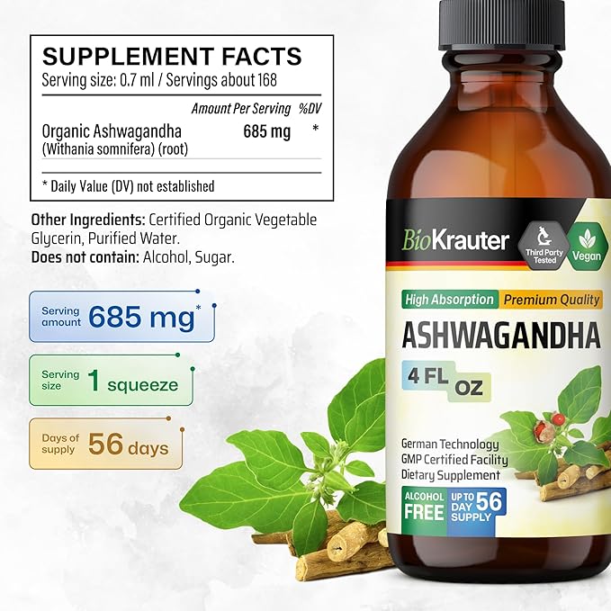 BIO KRAUTER® Ashwagandha Supplements - Liquid Drops Pure Vegan Ashwagandha for Women &amp Men 685 mg per Serving 4 Fl.Oz 56-Day Supply - Used for Mood Magic &amp Relaxation Support - Alcohol &amp S