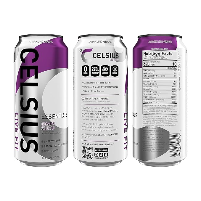 CELSIUS Essentials™ Sparkling Grape Slush Sugar Free Performance Energy Drink Can 16 Fl Oz (Pack of 12)