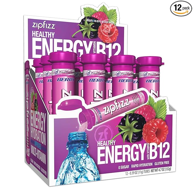 Zipfizz Daily Energy Drink Powder Berry 12 Pack | 3-in-1 Sustained Energy Rapid Hydration and Essential Vitamins | Sugar-Free | Electrolyte Powder | Contains Vitamin B-12 &amp Antioxidants