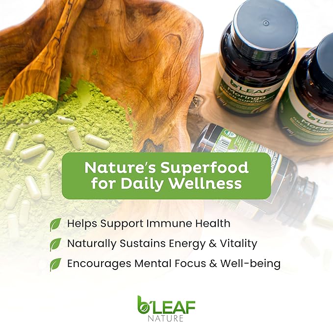 B’Leaf Nature 100% Pure Organic Moringa Oleifera Leaf Powder Capsules I Immune Support I 1000mg per serving I Gluten-Free Non-GMO I Superfood w/ Essential Vitamins &amp Amino Acids I 180 Veggie Capsu