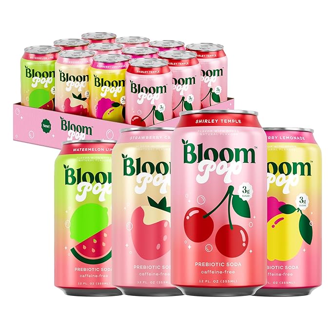 Bloom Pop Prebiotic Soda 12 Pack Variety Pack 12oz Cans | Soda for Gut Health Low Calorie No Caffeine Healthy Soft Drink Alternative