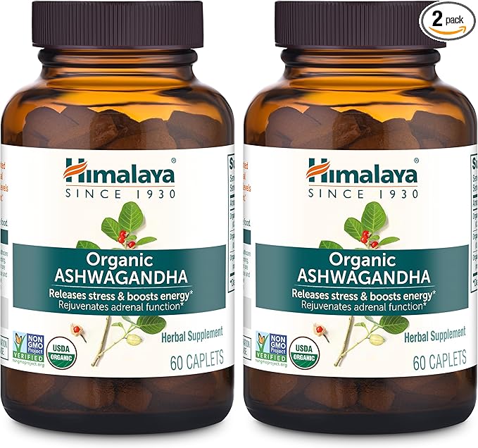 Himalaya Organic Ashwagandha Root 120 Day Supply - Herbal Adrenal Support Supplements for Stress Relief and Energy Support - USDA Organic Non-GMO Vegan Gluten Free 60 Caplets 2 Pack