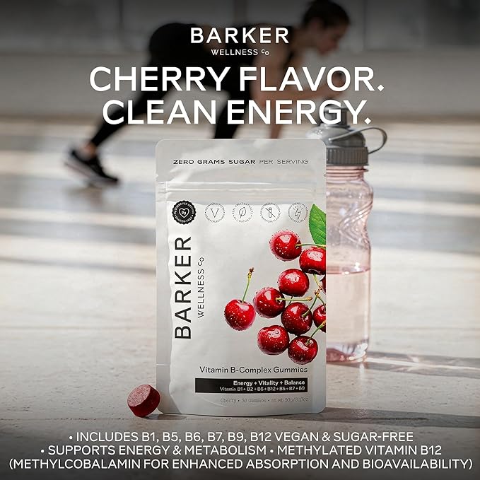 Barker Wellness Vegan B-Complex Gummies – Comprehensive Energy &amp Metabolism Boost with B1 B5 B6 B7 Biotin B9 Folate B12 | Sugar-Free Cherry Flavor for Daily Focus &amp Vitality