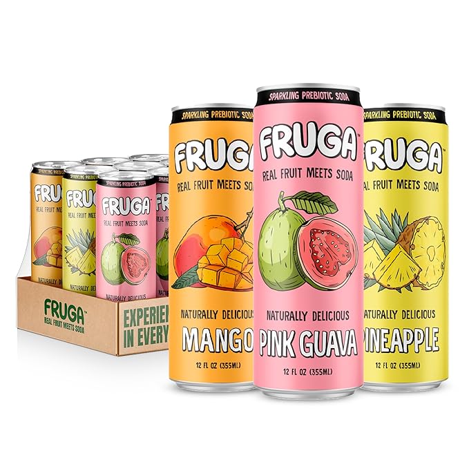 FRUGA Tropical Mix Sparkling Fruit Super Soda | Prebiotic Soda Low Calorie Healthy Soda Benefits and Vitamin Boost - 12 Fl Oz (Pack of 12)