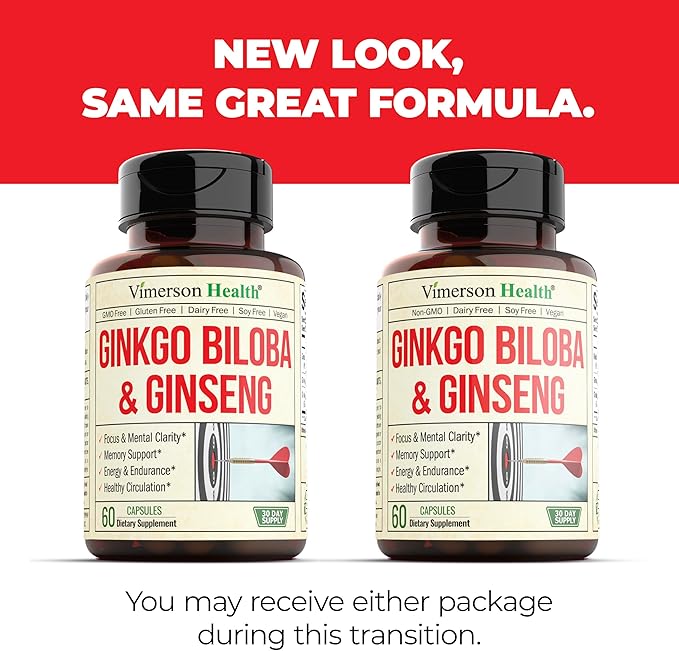 Asian Ginseng and Ginkgo Biloba Supplements – Panax Ginseng Extract 700mg + Ginko Biloba 720mg – Nootropic Brain Supplement for Memory Focus &amp Sustained Energy – 60 Easy-to-Swallow Capsules