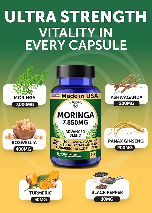 Lunakai USA Made Pure Moringa Capsules – Advanced Moringa Leaf Extract Supplement with Ashwagandha Boswellia Ginseng &amp Turmeric 60ct