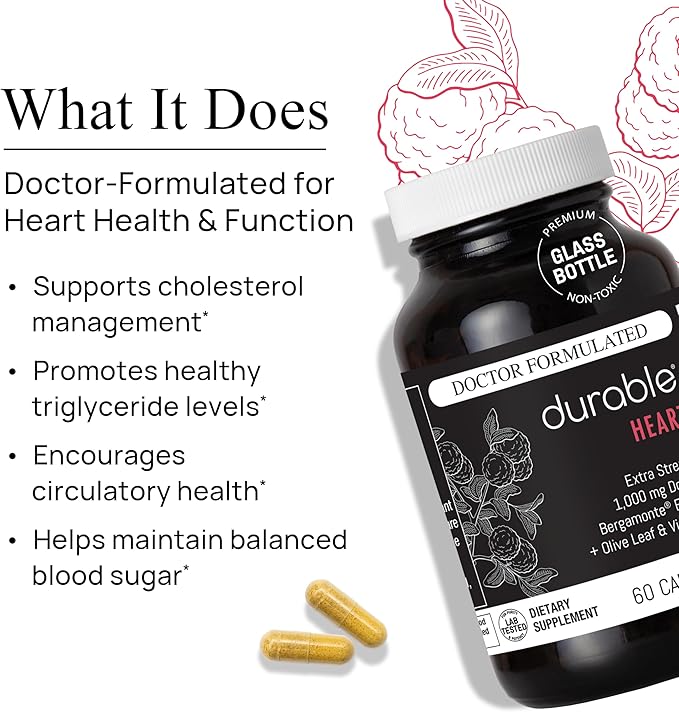 Durable Heart – Bergamonte Citrus Bergamot 1000 mg + Olive Leaf Extract + Vitamin C - Heart Health Supplement for Healthy Cholesterol - Doctor Formulated Vegan Non-GMO Made in USA (60 Capsules)