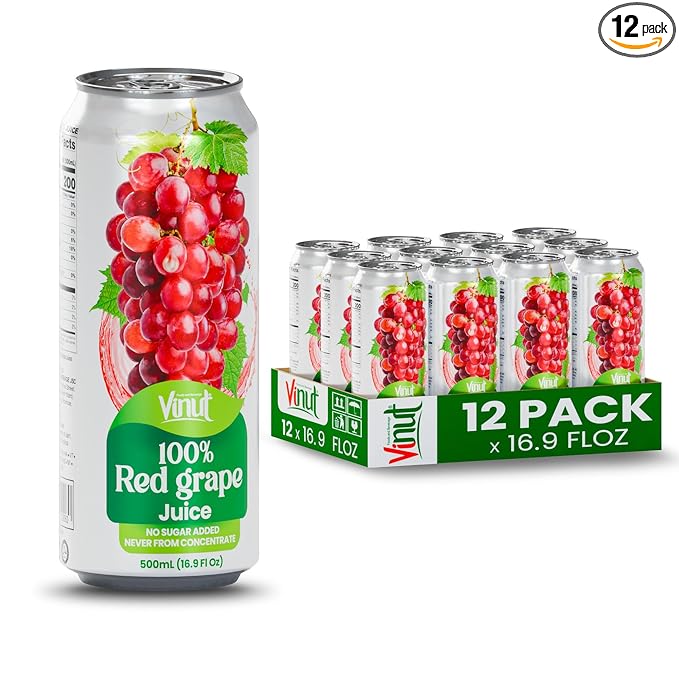 VINUT 100% Red Grape Juice No Added Sugar Not From Concentrate 16.9 fl oz (500 mL) Can Pack of 12