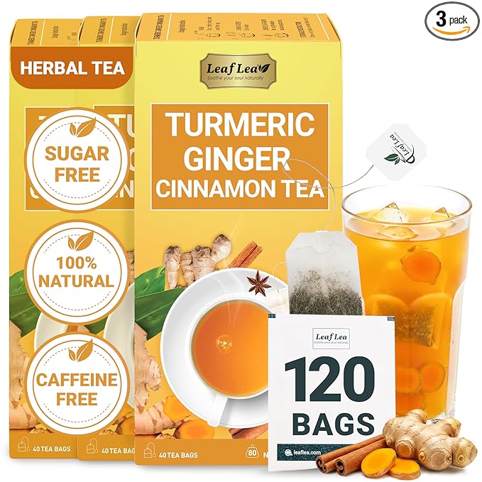 LeafLea Turmeric Ginger Cinnamon Tea 120 Individually Wrapped Tea Bags 100% Natural Herbal Blend with Pure Ginger and Turmeric Supports Digestion &amp Immune Health Caffeine-Free No Sugar