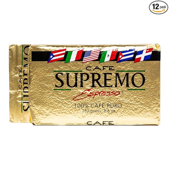 Cafe Supremo Espresso Coffee Dark Roast 100% Espresso Ground Coffee with a Latino Taste Blend Vacuum Sealed Brick (8.8 Ounce Pack of 12)