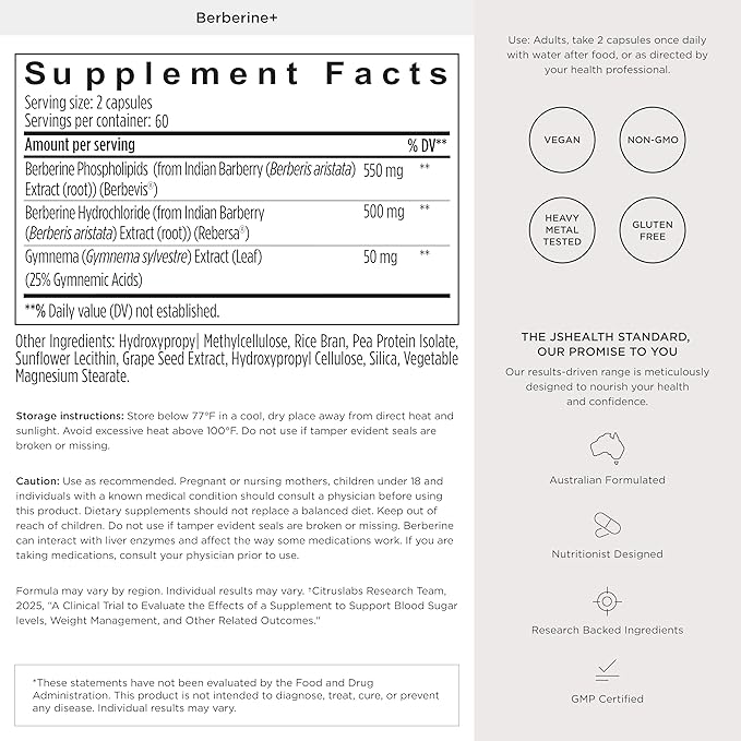 JSHealth Vitamins Berberine+ Formula — Berberine Supplement for Metabolic Health — Vegan Gluten-Free &amp Non-GMO. (60 Tablets)