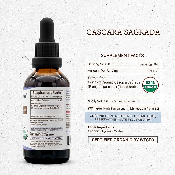 Secrets of the Tribe Cascara Sagrada USDA Organic | Alcohol-Free Extract High-Potency Herbal Drops | Made from 100% Certified Organic Cascara Sagrada (Frangula purshiana) Dried Bark (2 oz)