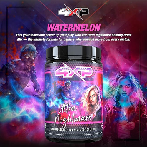 4XP Ultra Nightmare Watermelon Gaming Energy Drink Mix| Low-Caffeine Nootropic Powder with B Vitamins &amp Watermelon Flavor for Gamers | 50-Serving Container