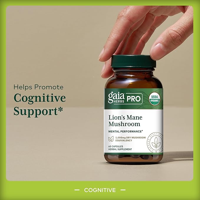 GAIA HERBS PRO Lion's Mane Mushroom - Supports Brain &amp Neurological Health* - Organic Mushrooms - 2500mg Per Serving - Gluten-Free - 60 Capsules (30 Servings)
