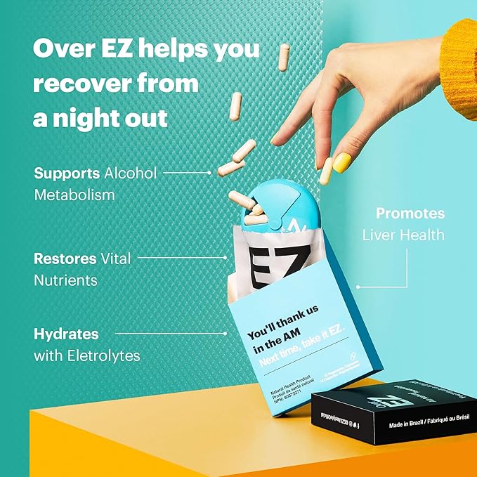 OVER EZ Pre-Drink Supplement - Party Recovery &amp Prevention Pills for a Night Out &amp Better Mornings (12 Capsules) &amp Milk Thistle Amino Acids Vitamin Bs