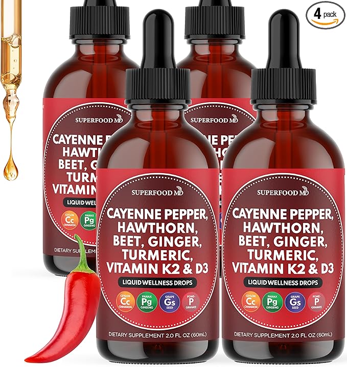 Cayenne Pepper Supplement Liquid Drops + Hawthorn Berry Vitamin D3 K2 Beet Root Powder Ceylon Cinnamon Turmeric Curcumin Organic Panax Ginseng - 8 OZ