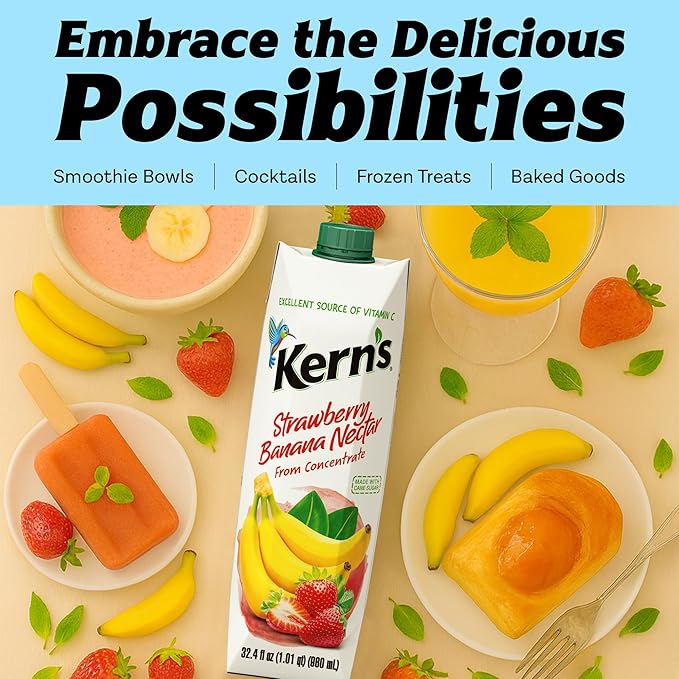 Kern’s Strawberry Banana Nectar Juice - Made with Fresh Fruit Puree - Tropical Fruit Juice Concentrate for Smoothie Mix Cocktail Mixers Kids Drinks &amp Mexican Beverages - 32.4oz 12 Pack Carton