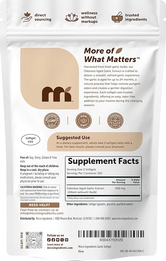 Micro Ingredients Odorless Garlic 300 Softgels | 2 Years Aged Garlic Extract | Grown Allium Sativum Bulb | Natural Herbal Supplements | Non-GMO Gluten Free