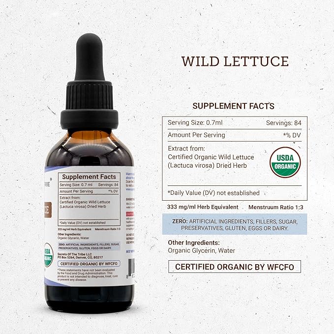 Secrets of the Tribe Wild Lettuce Alcohol-Free USDA Organic Tincture Extract Wild Lettuce (Lactuca virosa) Dried Herb (2 fl oz)