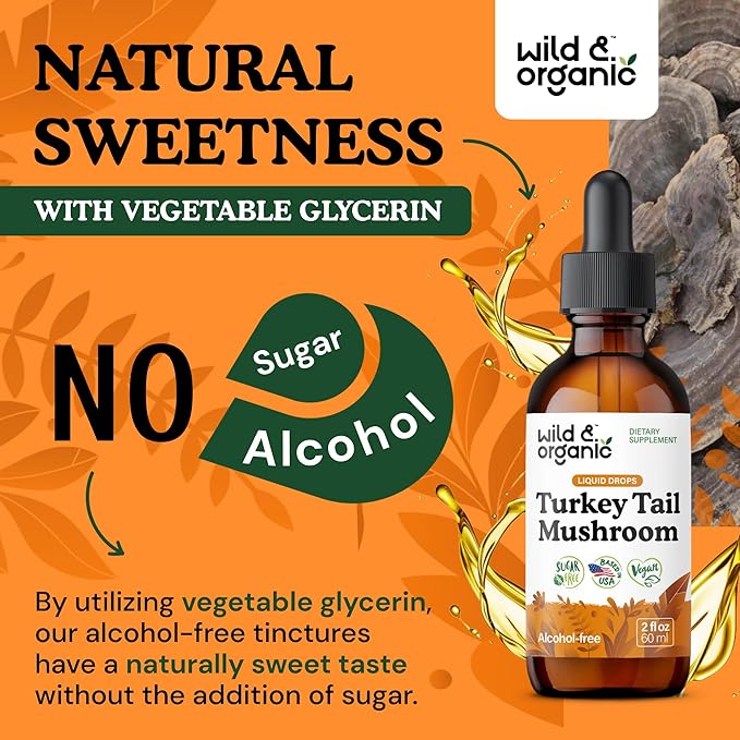 Wild &amp Organic Turkey Tail Tincture - Immune &amp Gut Support - Turkey Tail Mushroom Extract Drops - Vegan Sugar &amp Alcohol-Free Liquid Supplement - 2 fl oz