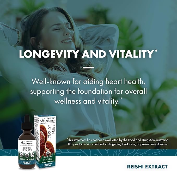 Host Defense Reishi Extract - Heart &amp Immune Health Support Supplement - Mushroom Supplement to Support Energy &amp Vitality - Reishi Supplement to Aid Overall Well-Being - 2 fl oz (60 Servings)*