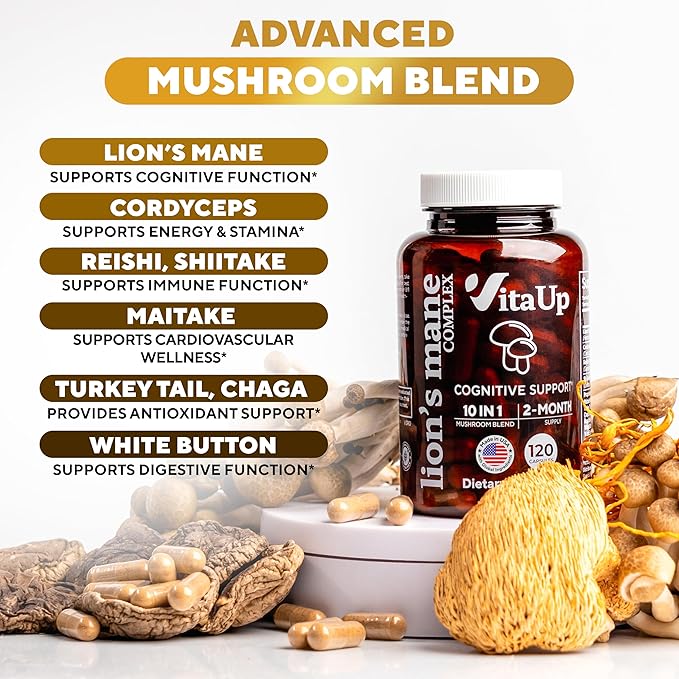 Lions Mane Supplement Capsules - USA Made 10 in 1 Mushroom Supplement - Mushroom Complex with Lions Mane Cordyceps Turkey Tail Reishi Shiitake for Cognitive &amp Immune Support - 120 Count