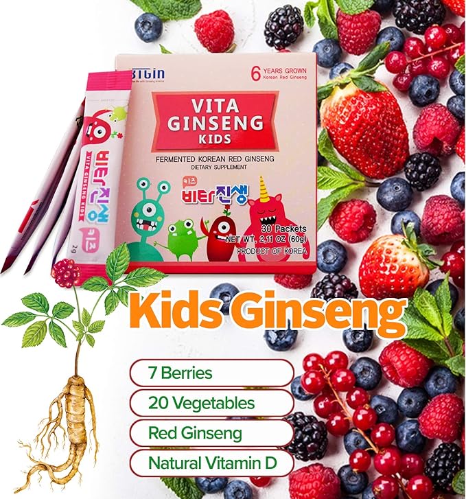 Vita Ginseng Kids Vitamin D Zinc 7 Berries Banana 20 Vegetables Milk Powder for Immune Support Focus and Memory Boost 30 Packets (1Set)