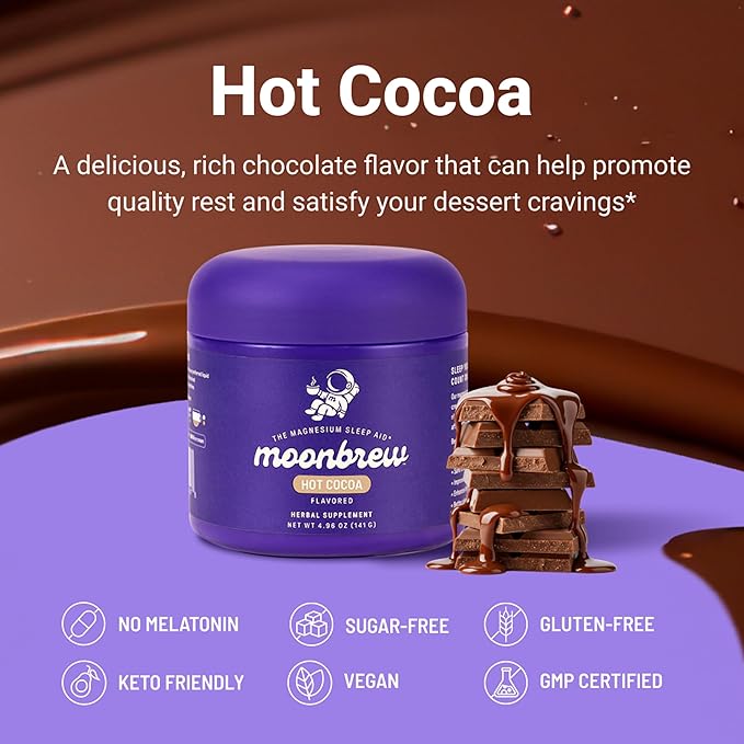 MoonBrew Nighttime Magnesium Hot Cocoa Natural Sleep Aid Drink Mix for Adults 3-Pack - Calming Melatonin-Free Sleep Support - Sleepy Hot Chocolate Powder with L-Theanine Chamomile &amp Zinc Glycin