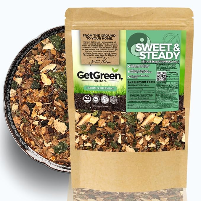 Sweet &amp Steady Organic Herbal Tea with Cinnamon Rooibos &amp Mulberry Leaf | Daily Balance &amp Vitality Loose Leaf Tea – 2 oz (57 g) | Caffeine-Free Vegan No Artificial Flavors | Get Green