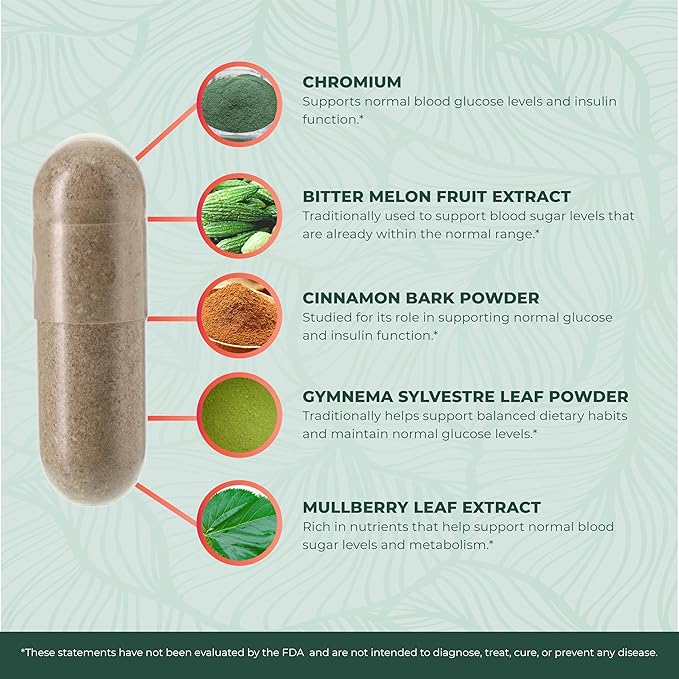 PurePremium Normal Blood Sugar Support Supplement - 20 Active Ingredients Complex to Support Blood Sugar Levels Already in The Normal Range - with Cinnamon Bitter Melon Chromium Mulberry - 120ct