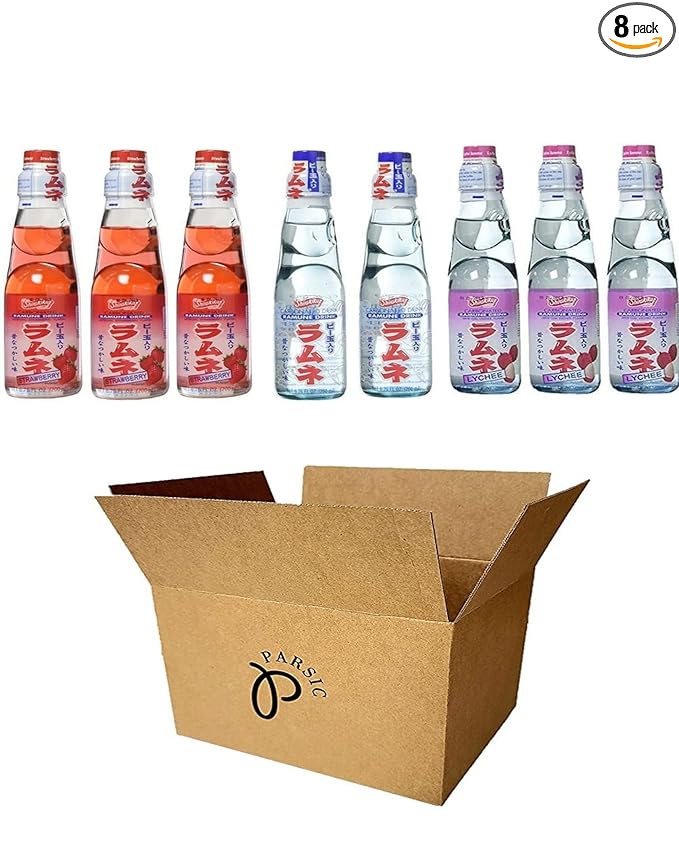 RAMUNE Japanese Soft Drink Variety 8-Pack 6.76 Fluid Ounce Each (Strawberry(3)-Lychee(3)-Original(2))