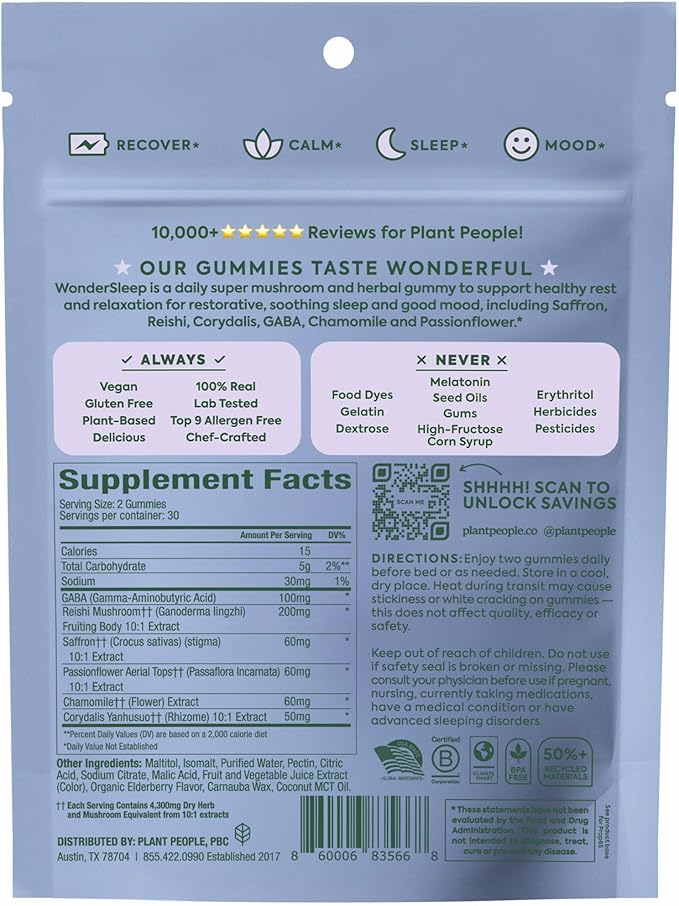 Plant People WonderSleep Mushroom Gummies Supplement for Sleep No Melatonin with Reishi Super Mushrooms Wild Elderberry Flavor Sugar-Free (60 Count)