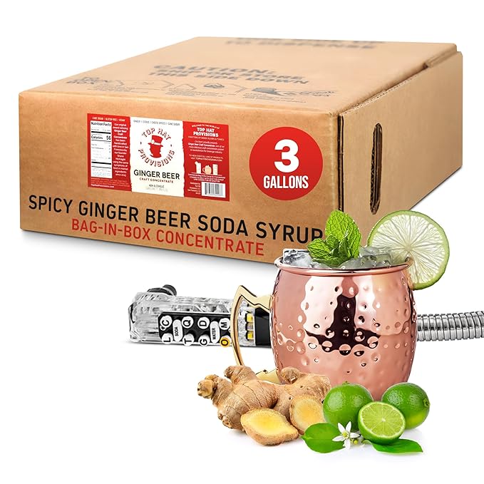 Top Hat Original Spicy Ginger Beer Soda Syrup - 3 Gallon BIB Cocktail mix - Bag in Box Concentrate for Commercial Soda Gun and Fountain Systems - QCD connection required - 3 Gallon BIB