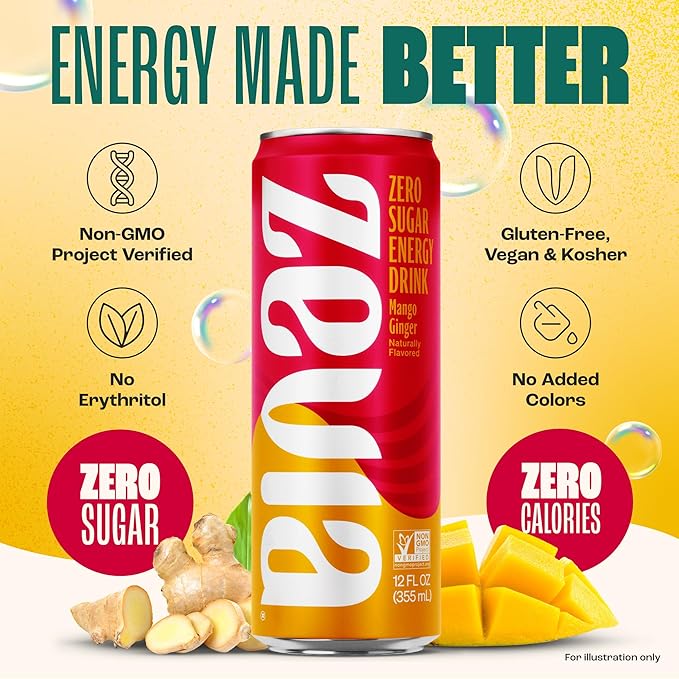 Zevia Zero Sugar Energy DrinkMango Ginger12 oz Cans – Naturally SweetenedZero Calorie Sugar Free Energy - Non-GMO Project VerifiedGluten-FreeVegan(Pack of 24)
