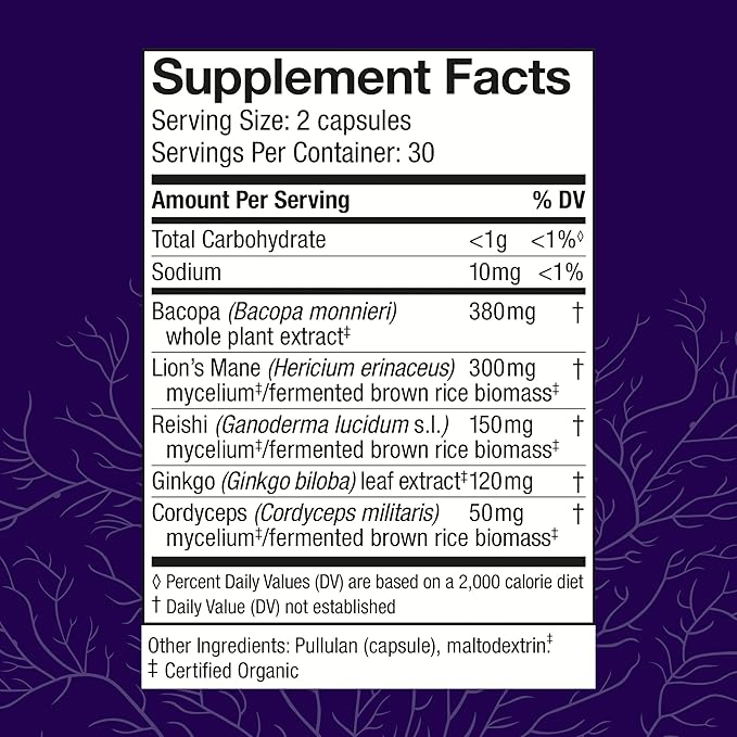 Host Defense MycoBotanicals Brain* Capsules - Brain Support Supplement with Lion's Mane Reishi &amp Cordyceps Mushroom - Herbal Supplement for Memory &amp Focus Support - 60 Capsules
