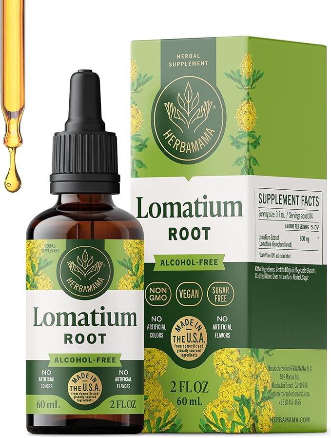 HERBAMAMA Lomatium Root Tincture - Vegan Lomatium Dissectum Extract for Lung Detox &amp Cleanse - Non-GMO Alcohol &amp Sugar-Free Respiratory Lung Support Supplement 28-Day Supply