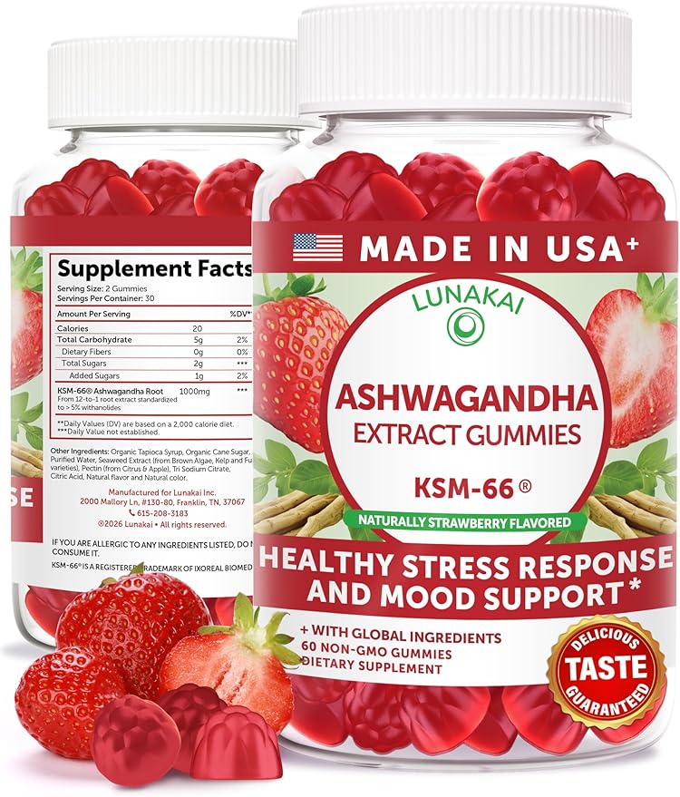 Lunakai USA Manufactured KSM-66 Ashwagandha Gummies for Women &amp Men – Daily Vegan Supplement for Stress Mood &amp Sleep Support 60ct
