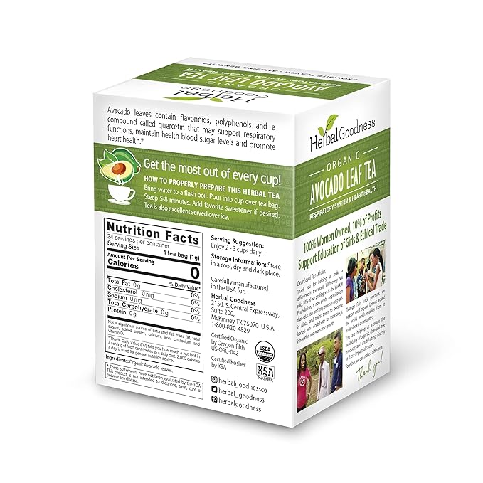Avocado Leaf Tea - Organic Avocado Green Tea Bags Rich in Calcium Nutrient Dense Respiratory &amp Heart Support - 24 Teabags in 6 Packs - Herbal Goodness