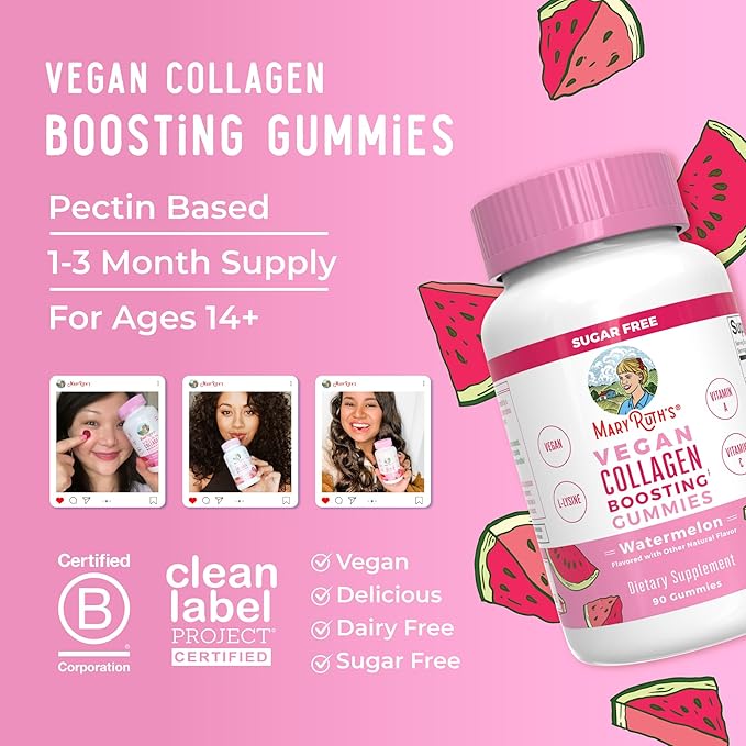 MaryRuth Organics Vegan Collagen for Women &amp Men Collagen Boosting Gummies Skin Care Lysine Vitamin C Vitamin A Amla Supplement for Hair &amp Skin Vegan Non-GMO Gluten Free 90 Servings
